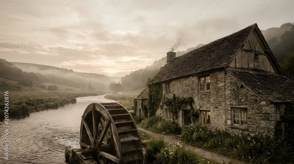 Fototapeta premium Old stone watermill by a misty river at sunrise in the countryside