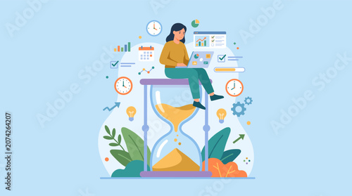 Woman sitting on giant hourglass working on laptop surrounded by clocks, calendar, charts, and productivity icons on blue background