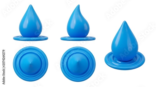 A collection of blue water drop shapes in different orientations and perspectives, isolated on a white background