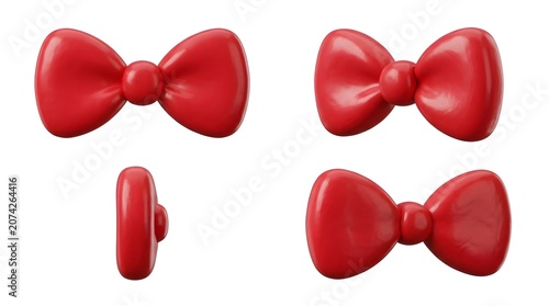A collection of four red bow ties, presented from different angles. Some bow ties are viewed from the front, showcasing their classic shape, while one is shown from the side to reveal its dimension