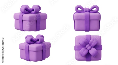 Four purple gift boxes with ribbons and bows, arranged in a square pattern. Each box is a different shade of purple and tied with a matching ribbon and bow. Some boxes are square.