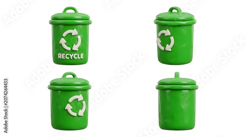Four green recycling bins with white recycle symbol and the word RECYCLE on one of them