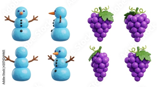 A delightful set of four 3D illustrations featuring two snowmen and two bunches of grapes, presented from different angles.