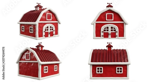 A collage of four images showcasing a red barn with white trim from different angles. Each view highlights the barn's classic architecture, including its pitched roof, double doors, and windows.