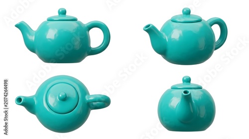 A set of four turquoise teapots shown from different angles, isolated on a white background