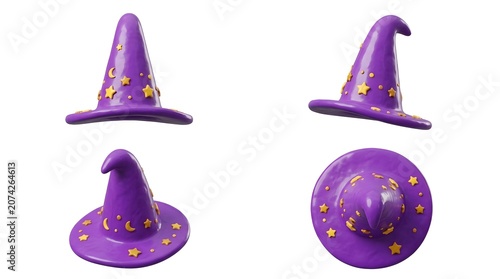 Four views of a purple witch hat decorated with stars and moons. A magical accessory for Halloween or costume parties