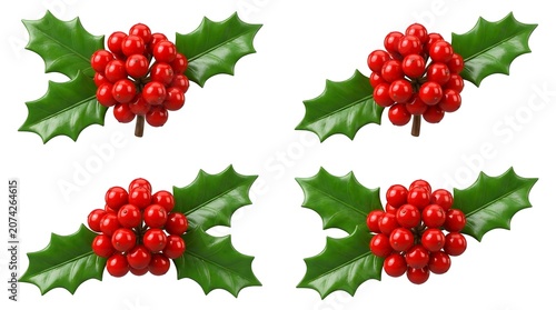 Four clusters of bright red holly berries accompanied by vibrant green holly leaves, arranged in a repeating pattern.