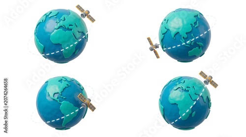 Four views of planet Earth with a satellite orbiting it. Each view shows a different perspective of the globe with the satellite following a dotted path