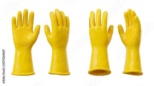 Four yellow rubber gloves displayed from different angles against a white background, showcasing their design and texture