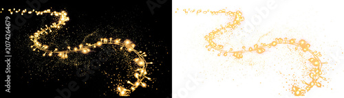 Golden sparkles, glowing lights, swirling trail, dark and white backgrounds, festive decorations
