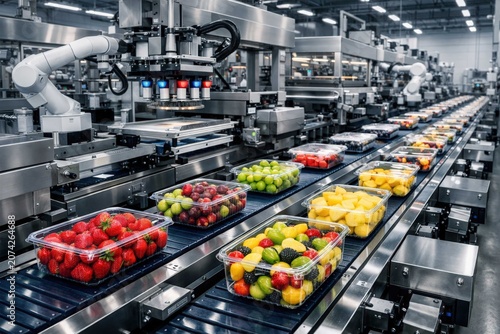 High tech automated packaging line sorting fresh fruit in plastic containers with robotic systems at a modern food manufacturing facility