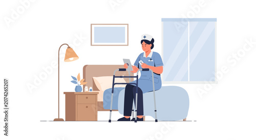 Nurse with Walker and Tablet in Patient Room