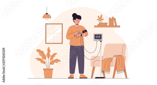Person monitoring health with blood pressure monitor at home