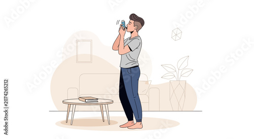 Person indoors using inhaler for breathing relief, self-care illustration