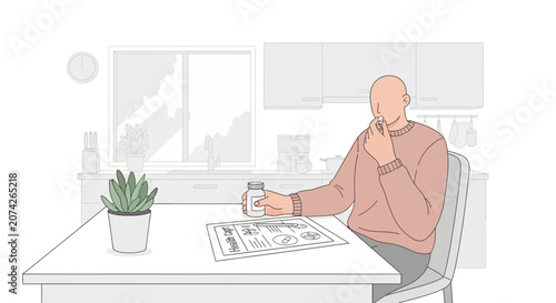 Person takes medicine at table, kitchen background, plant, document
