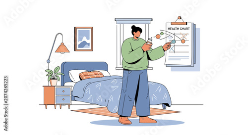 Person planning goals on health chart in bedroom, self-improvement and lifestyle concept