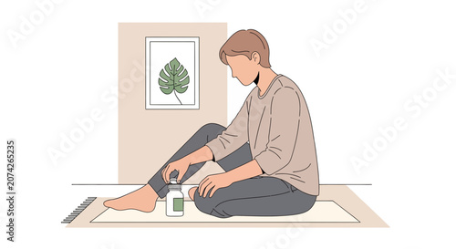 Person taking medication while sitting on floor, plant in background