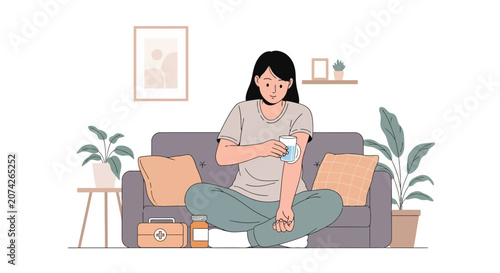 Woman applying ointment to arm while sitting on sofa at home, medical care