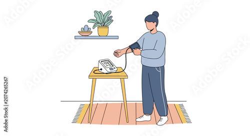 Woman checks blood pressure at home, modern medical device, healthy lifestyle