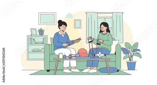 Woman getting physical therapy at home with a therapist.