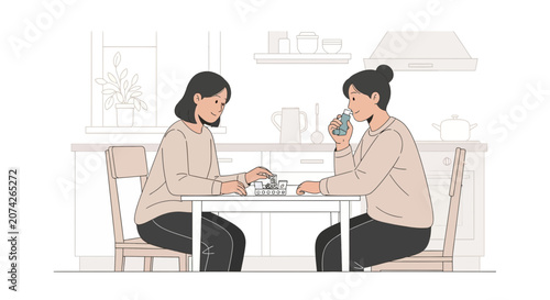 Two women playing chess at a kitchen table, lifestyle illustration