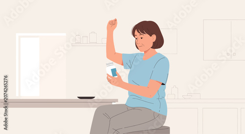 Woman holding medication bottle and checking dosage at home