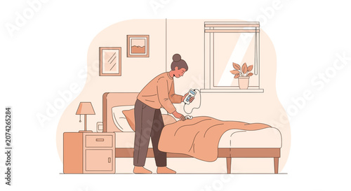 Woman making bed, room interior, daily routine illustration