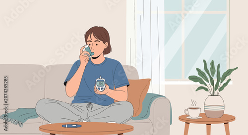 Woman measuring blood glucose level at home, diabetes care lifestyle