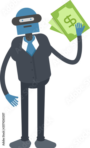 Humanoid Robot in Suit Character Holding Dollar Banknotes
