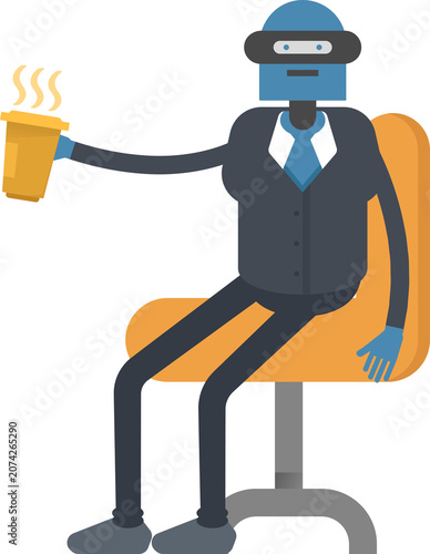 Humanoid Robot in Suit Character Drinking Coffee
