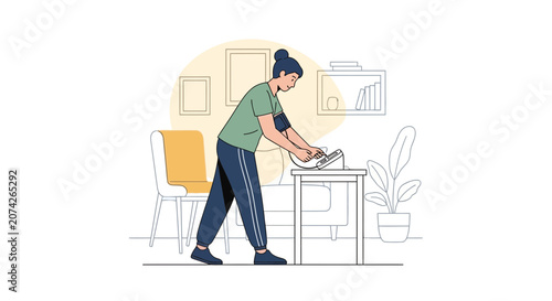 Woman Measuring Blood Pressure at Home, Health Monitoring Illustration