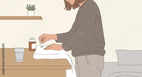 Woman takes medication, healthcare, everyday routine, home scene
