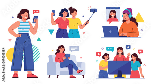 Colorful illustration of people using digital devices and social media communication