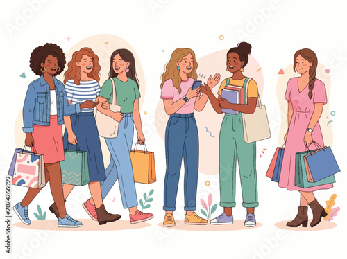 Group of diverse people walking together holding shopping bags and books casual lifestyle illustration cheerful atmosphere