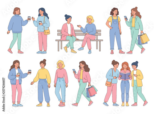 Cartoon people social leisure activities casual lifestyle illustration