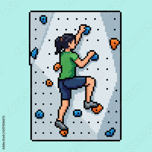 A pixel art woman climbs a colorful indoor bouldering wall