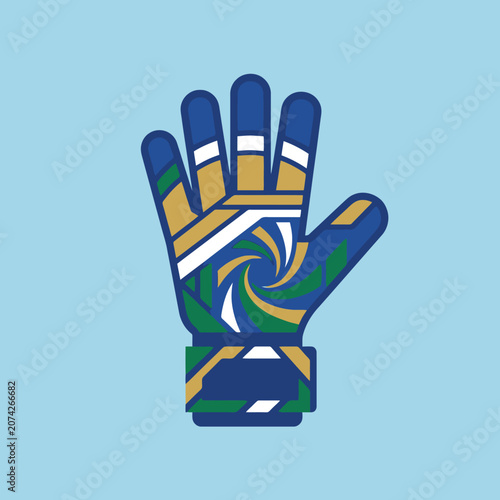 A colorful goalkeeper glove with a spiral pattern on blue
