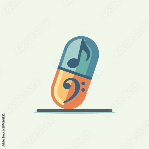 A stylized medical capsule featuring musical notes on its surface