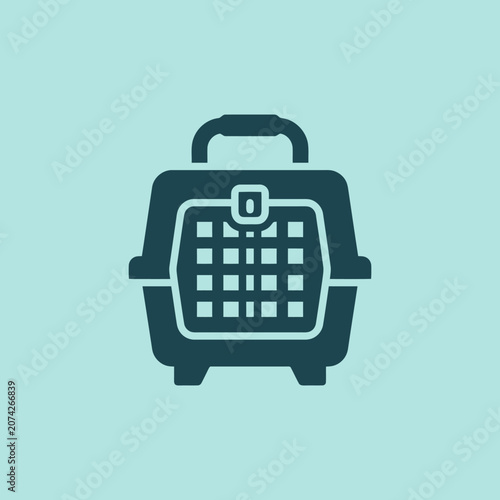 A dark teal icon of a pet carrier on light background