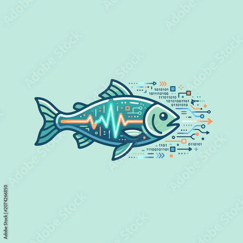 A digital fish illustration with binary code and circuit patterns