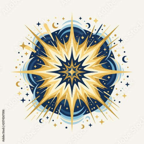 A bright golden star shines within a dark blue cosmic circle