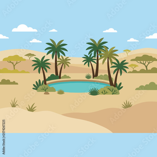 A peaceful desert oasis with palm trees and water