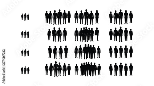 A large group of people silhouettes standing in rows on a white background