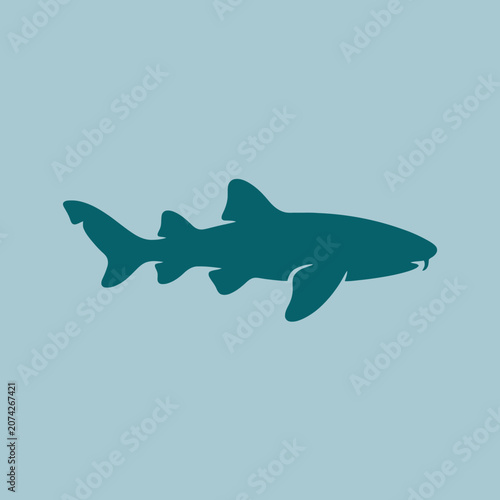 A dark teal shark silhouette swims on a light blue background