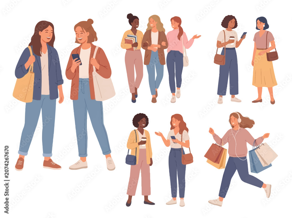 Obraz premium Stylized illustration of people socializing walking and interacting in everyday casual lifestyle scene