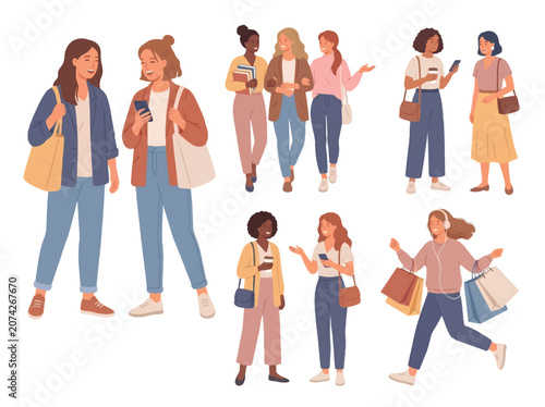 Stylized illustration of people socializing walking and interacting in everyday casual lifestyle scene