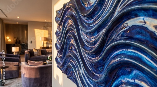Modern interior with luxury abstract blue ceramic wave sculpture hanging on a living room wall