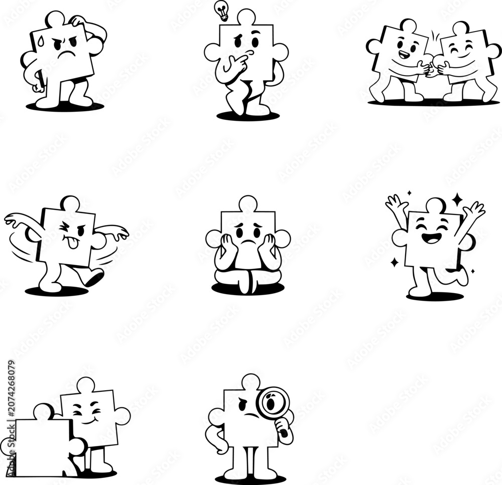 Obraz premium Animated puzzle pieces expressing emotions with a lightbulb idea and magnifying glass