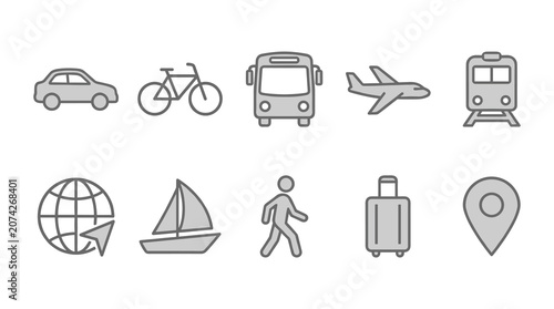 A collection of travel-related icons in line art style, including transportation and navigation symbols.