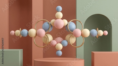 Abstract minimalist geometric background with pastel spheres and brass rings floating over a podium